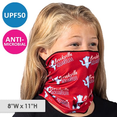 Poleyster microfiber red antimicrobial youth neck gaiter with custom full-color branding.