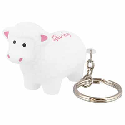 Foam lamb stress reliever key ring with a printed logo.