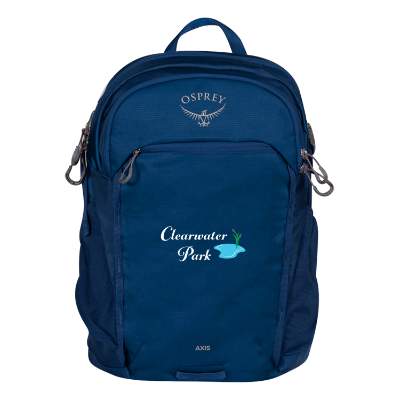Blue recycled polyester backpack with full-color logo.
