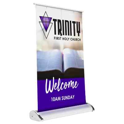 Custom polyester tabloid size table top banner with retractable aluminum banner stand.