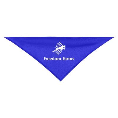 Blue triangle pet bandana with custom logo.
