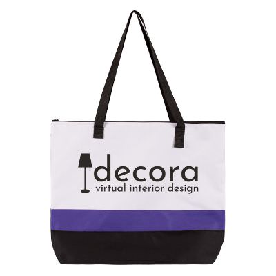 Polyester purple compatibility tote with personalized logo.