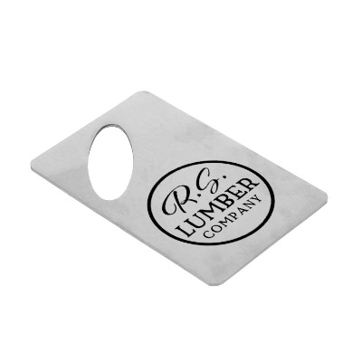 Silver stainless steel bottle opener with oval opening with custom imprinted logo.