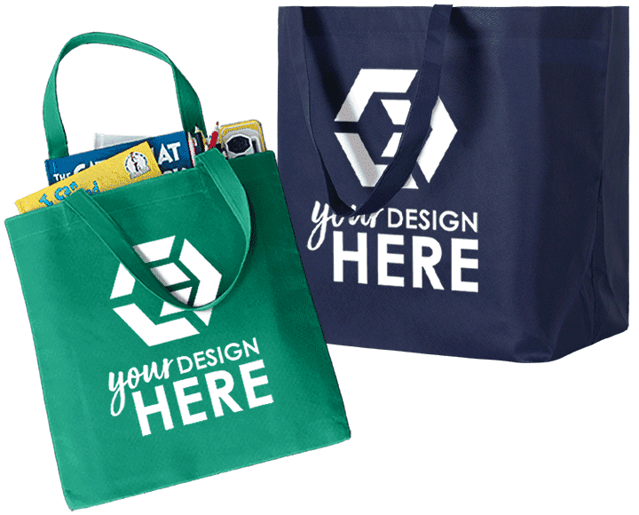 Green branded tote bags with white imprint and blue promotional tote bags with white imprint