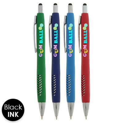 Textured grip pen with chrome accents and personalized logo.