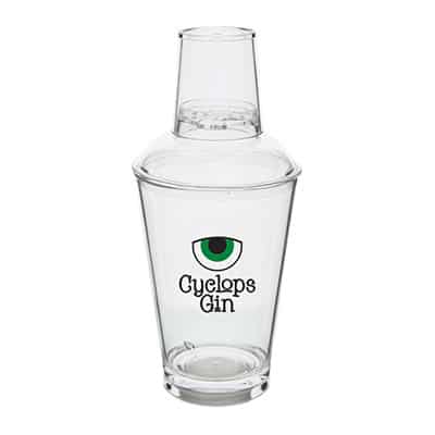 Acrylic clear cocktail shaker with custom full-color logo in 14 ounces.