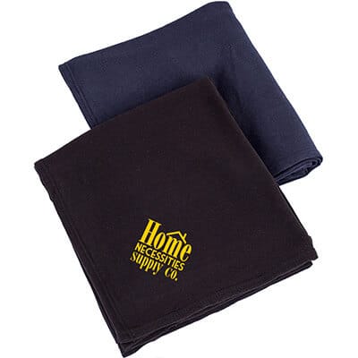 Black cotton polyester blend sweatshirt blanket with customized imprint.