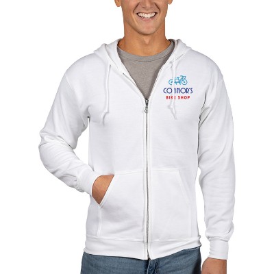 White customized zip-up hooded sweatshirt.