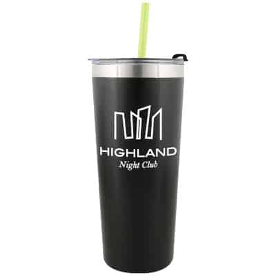 Stainless steel black with lime green tumbler with custom imprint in 22 ounces.