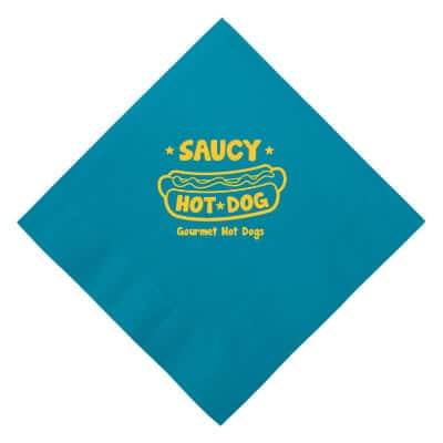 3Ply tissue neon blue lunch napkin with custom diagonal imprint.