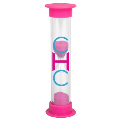 Pink plastic sand timer with a custom imprint.