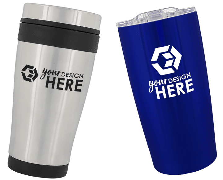 Stainless steel and black tumbler with black imprint and blue tumbler with white imprint