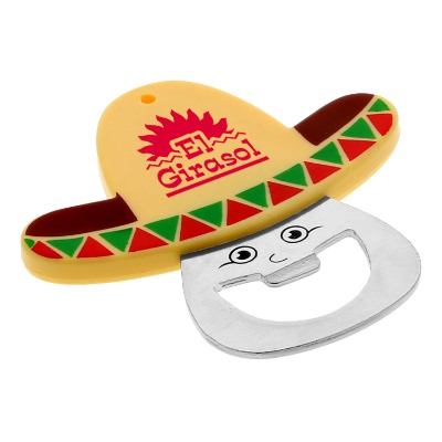 Multicolor face with sombrero bottle opener with custom imprint.