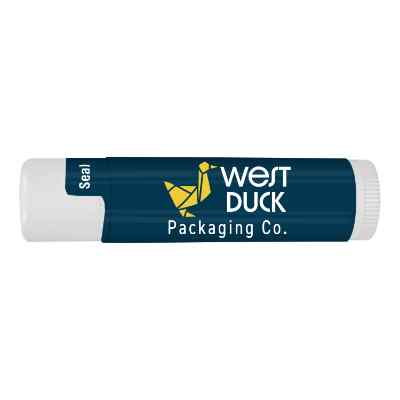 White plastic lip balm with a personalized logo.