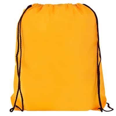 Blank polyester athletic yellow drawstring bag.