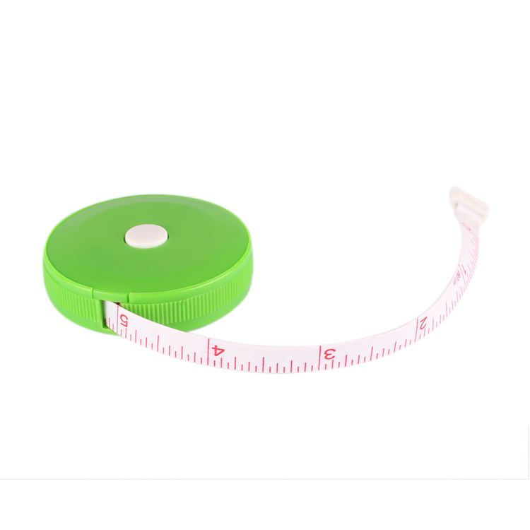 Plastic button retractable tape measure.