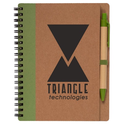 Green recycled cardboard branded notebook with pen.