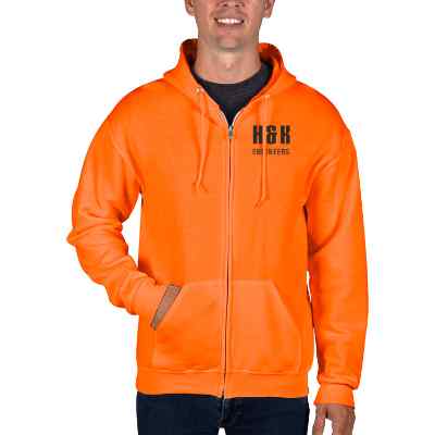 Safety orange full-zip hooded sweatshirt with custom logo.