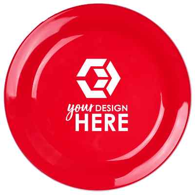 Plastic red flying disc with personalized logo.