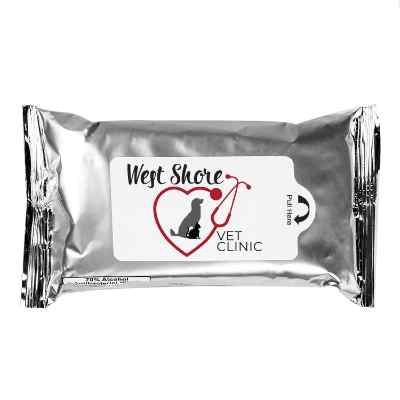 Silver plastic antibacterial wet wipes with a branded logo.