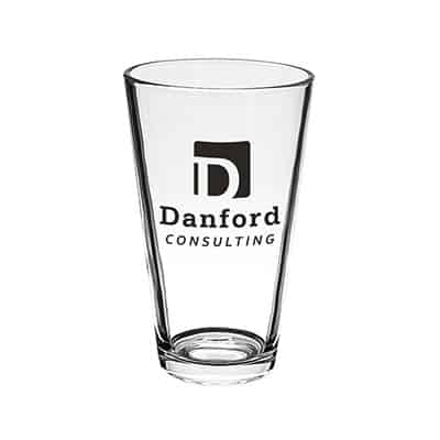 Glass clear pint glass with branding in 16 ounces.