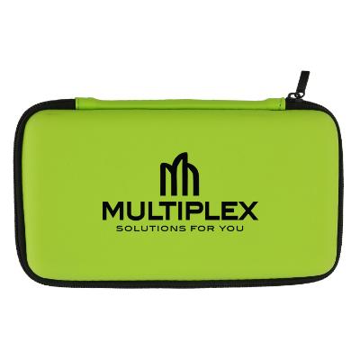 Plastic and synthetic red travel accessories pack with printed logo.