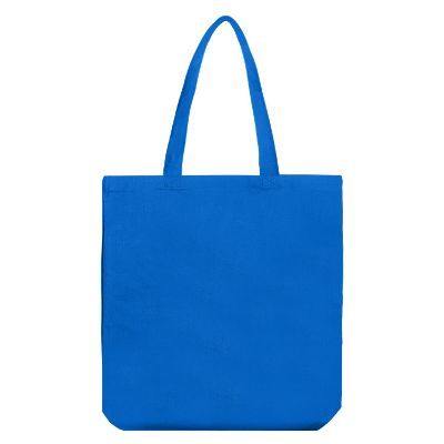 Blank royal blue cotton tote bag with self-fabric handles.