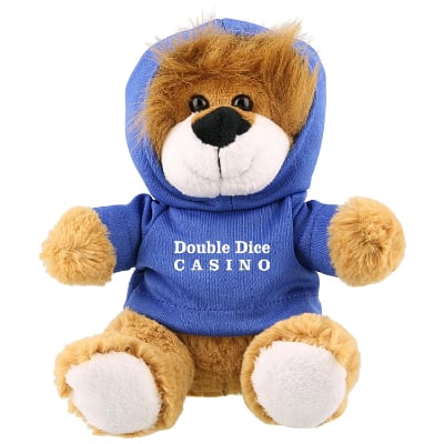 Plush and cotton lion with royal blue hoodie with custom imprint.