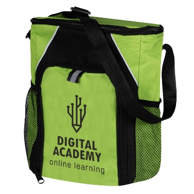 Lime green polyester bicolor cooler with custom logo.