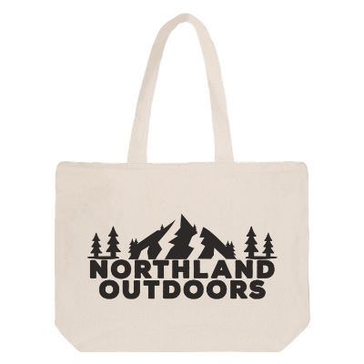 Natural cotton tote bag with custom logo, 5-inch gussets and reinforced handles.