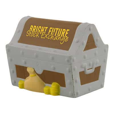 Foam treasure chest stress reliever with personalized logo.