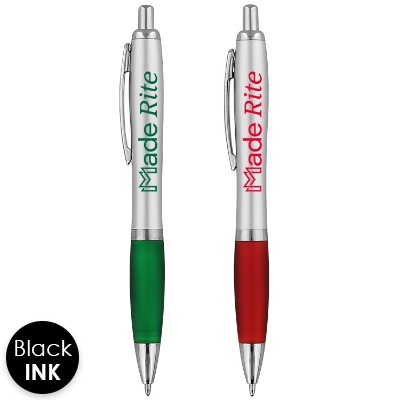 Imprinted silver pen with solid color gripper.