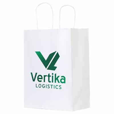 Paper white gloss foil stamped recyclable bag with logo.