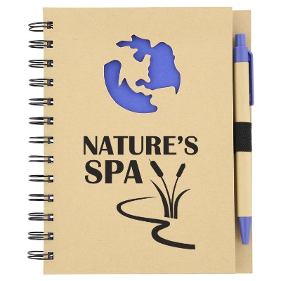 Customized recycled material notebook with earth shape cut out design and pen.