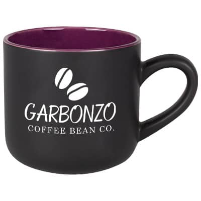 Ceramic black with purple coffee mug with c-handle and custom printing in 15 ounces.