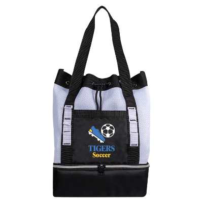 White tote bag cooler with full-color logo.