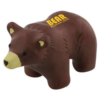 Foam grizzly bear stress reliever with personalized print.