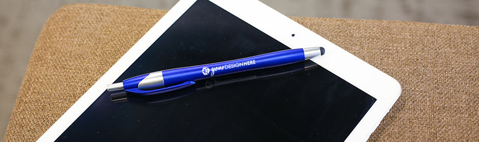 Blue promotional sylus pens with white imprint