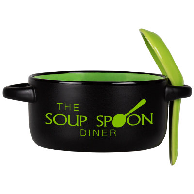 Ceramic green soup mug with spoon and custom imprint in 12 ounces.