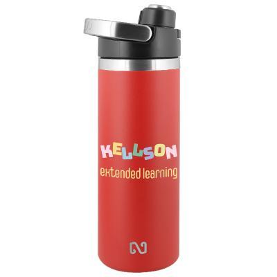 Stainless blue water bottle with custom full color logo in 18 oz.