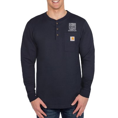 Navy long sleeve henley with logo.