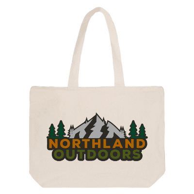 Natural cotton tote bag with full-color custom logo, 5-inch gussets and reinforced handles.