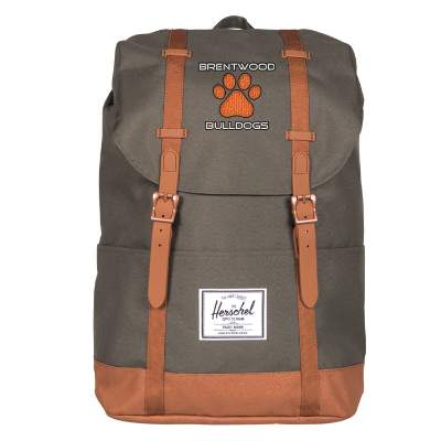 Recycled polyester forest and tan backpack with embroidered logo.