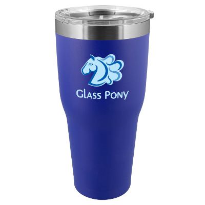 Blue tumbler with a full color imprint.