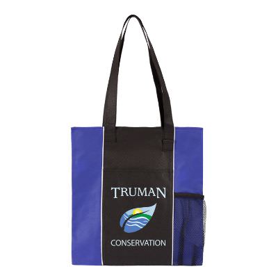 Laminated polypropylene black literature tote with personalized full color logo.