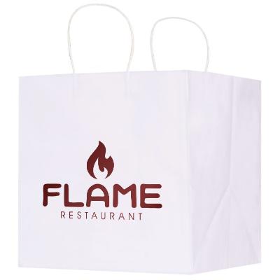 Kraft paper white 12 inch wide takeout bag with printed foil logo.