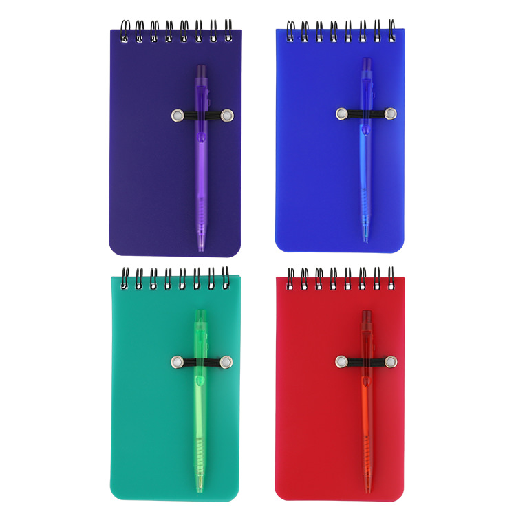 Plastic and paper pocket spiral jotter with pen.