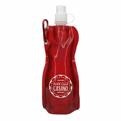 Plastic red water bottle with custom imprint in 16 ounces.