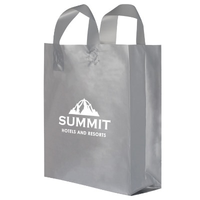 Plastic silver with handles recyclable shopper bag with custom logo.