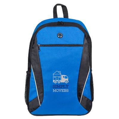 Blue backpack with embroidered logo.